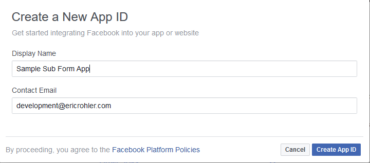 facebook create a new app id form