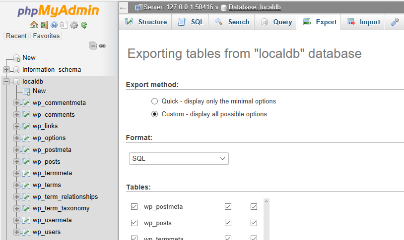phpmyadmin export tables