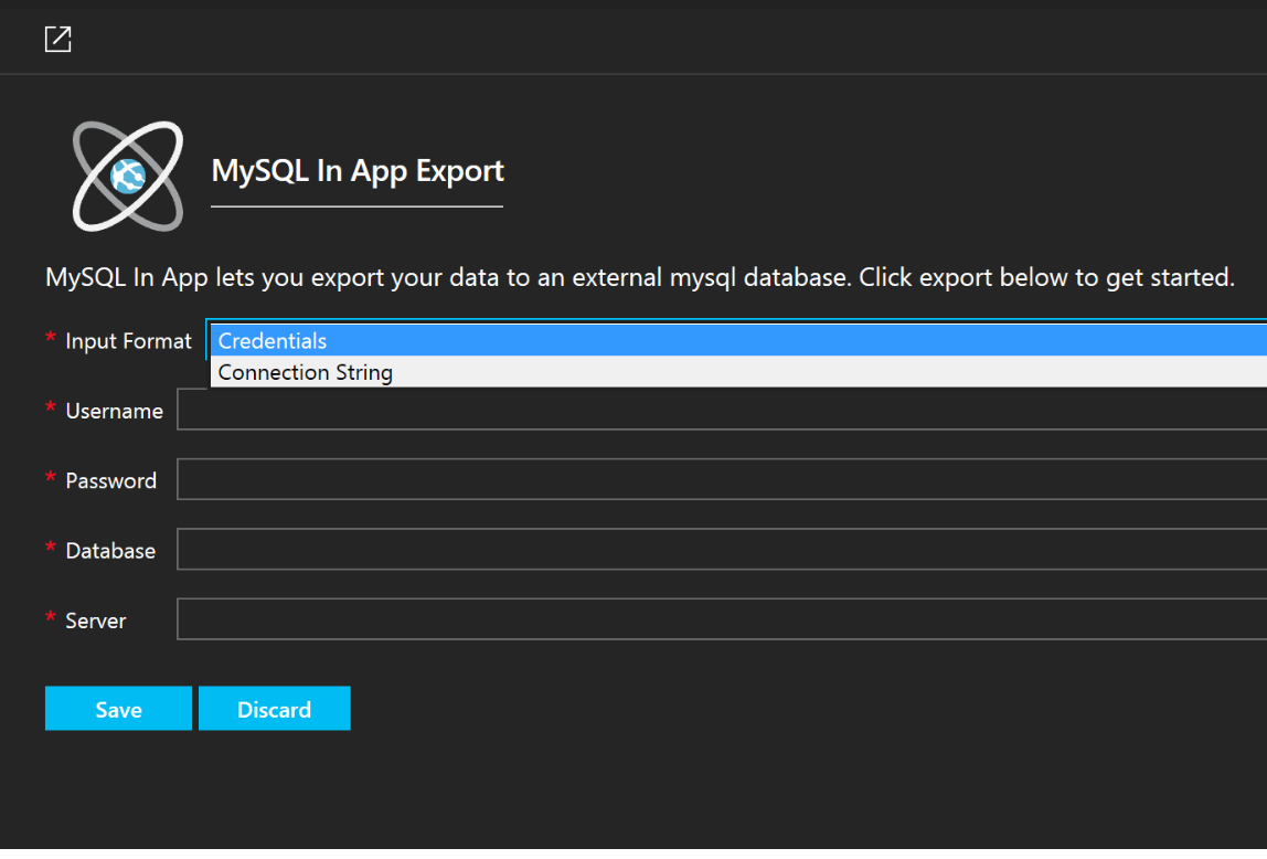 azure mysql in app export form
