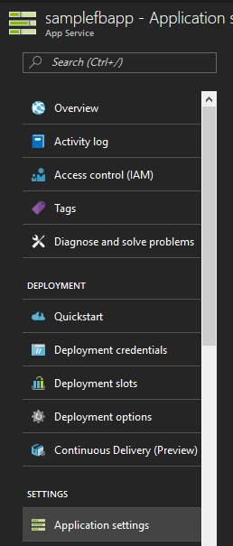 azure web app application settings link