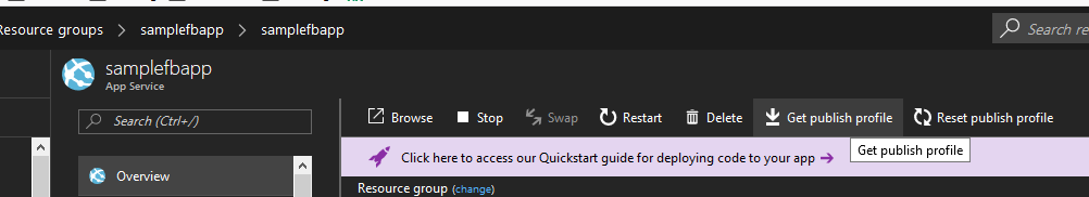 azure web app get resource publish profile button
